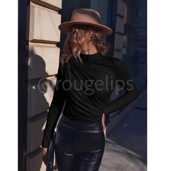 Ruched Asymmetric Black Long Sleeve Shirt Slim Fit Stretchy - Picture 4 of 7